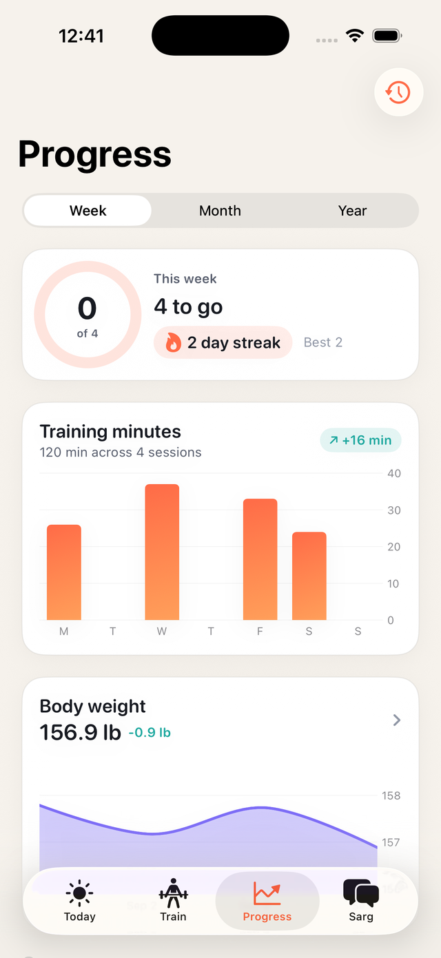 Progress screen with weekly training minutes chart and streak